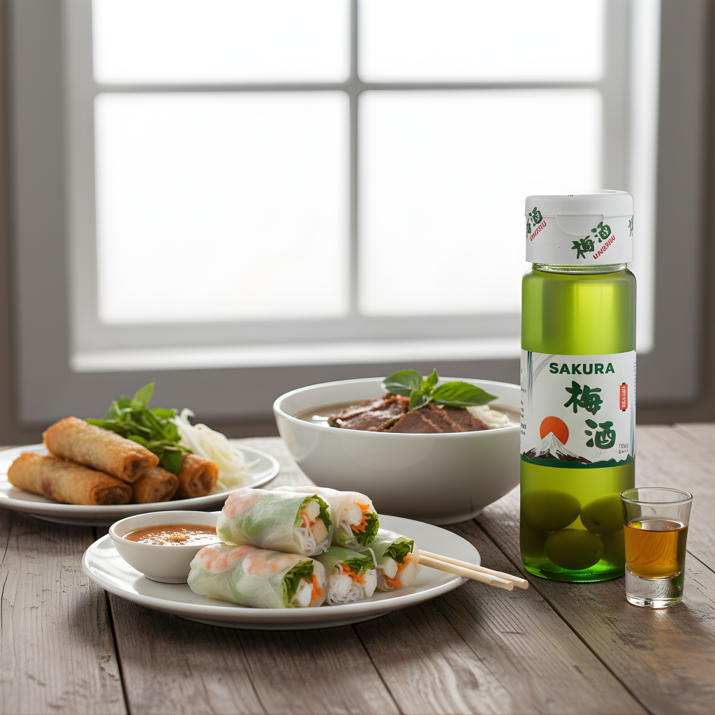 Rượu mơ Sakura dùng kèm nem rán giòn kiểu Việt