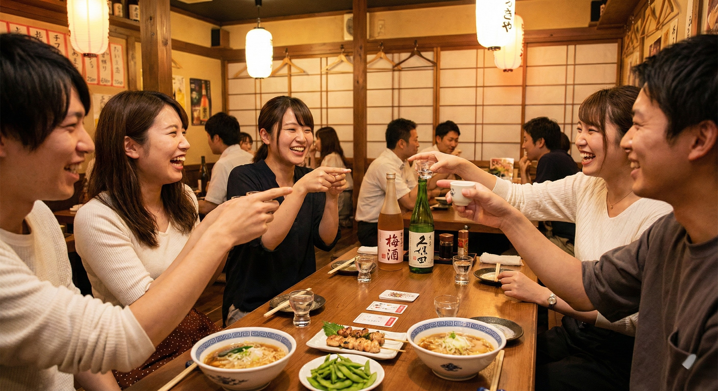 Nhóm bạn trẻ Nhật Bản đang vui vẻ nâng ly, bắt đầu một buổi tiệc với các drinking game sôi động tại quán Izakaya.