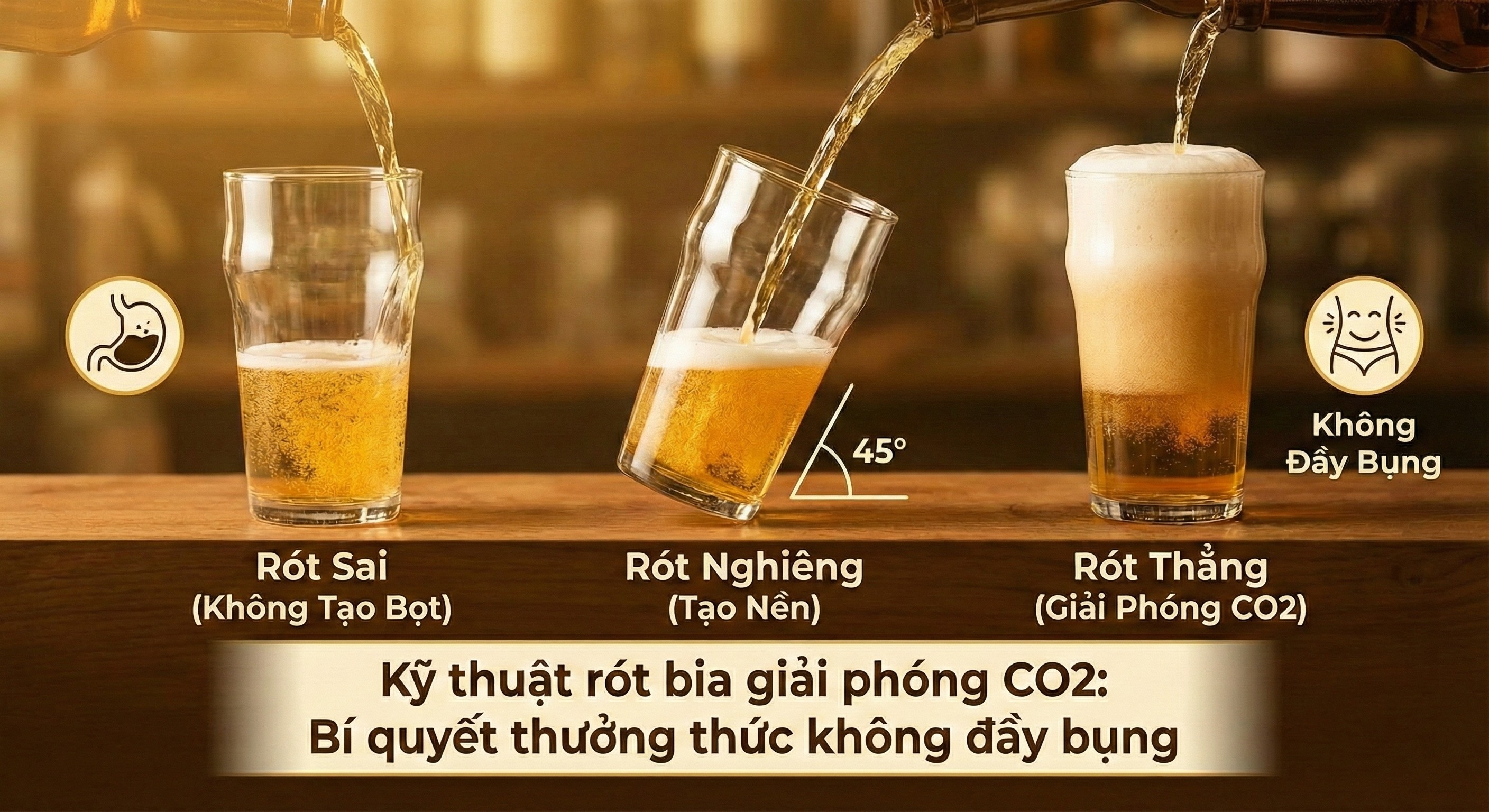 Infographic minh họa kỹ thuật rót bia chuẩn giúp giải phóng CO2, so sánh cách rót sai gây đầy bụng và cách rót đúng tạo bọt mịn.