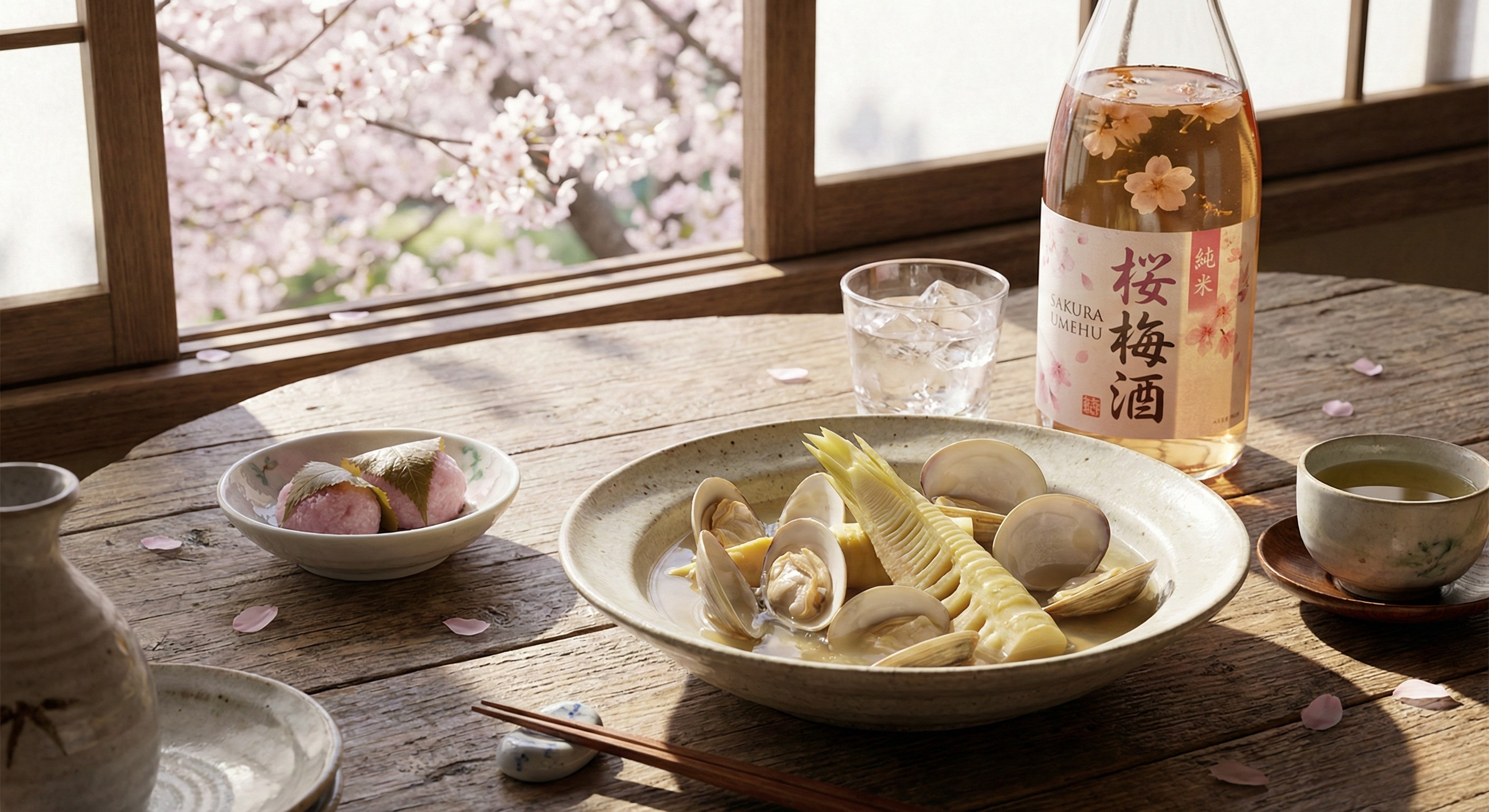 Bàn ăn mùa xuân với măng tre và ngao, thể hiện triết lý Shun trong tinh hoa ẩm thực Nhật Bản