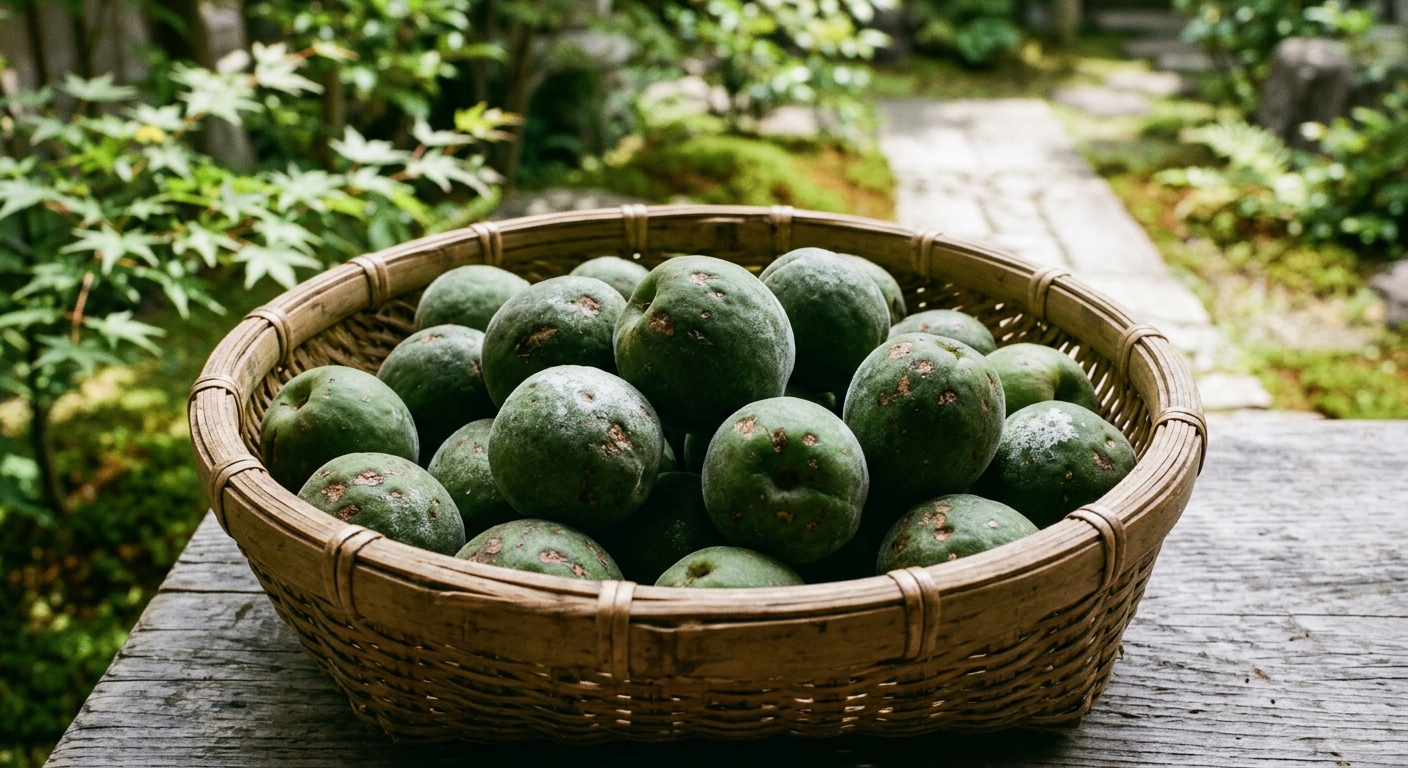 Quả mơ Shirakaga tươi dùng để ngâm umeshu theo triết lý Wabi-sabi.