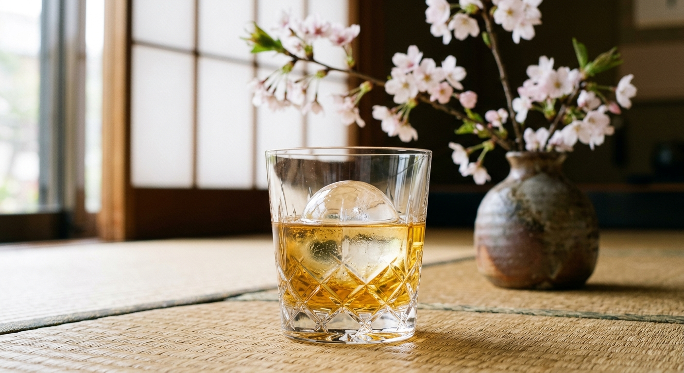 Ly rượu mơ nhật bản umeshu tinh tế với đá ice ball trên thảm tatami