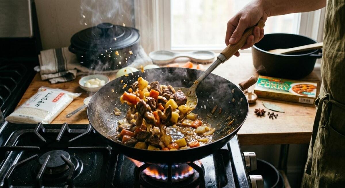 xào nguyên liệu nấu cà ri Nhật